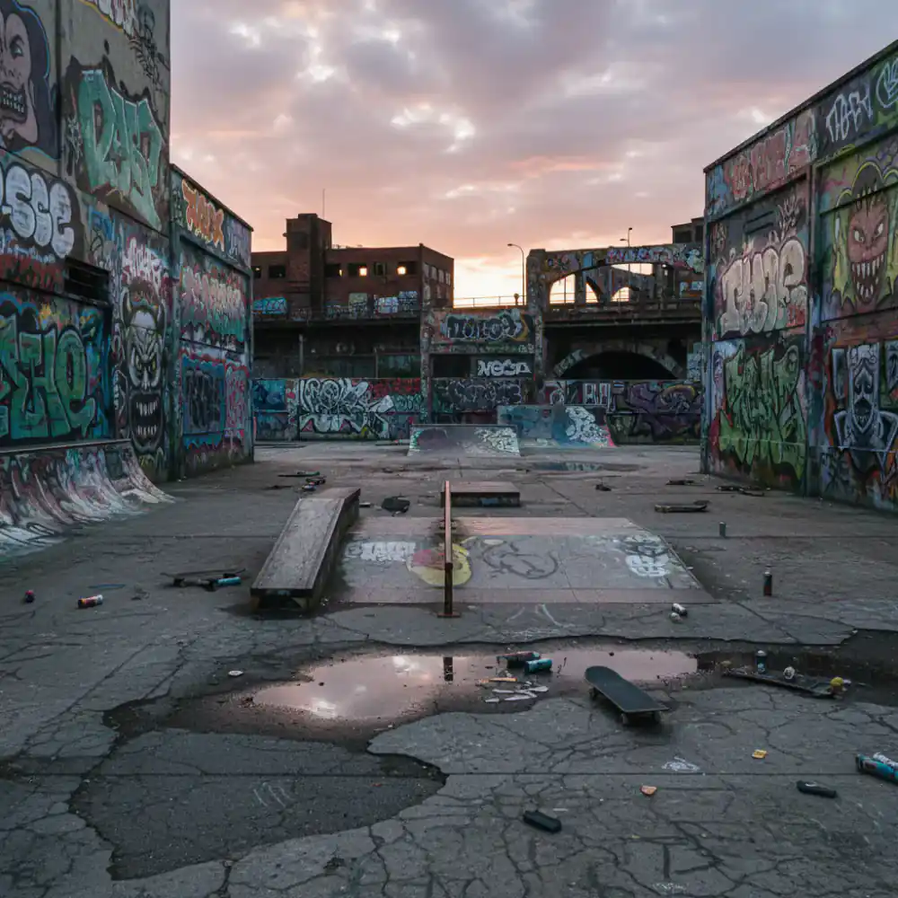 Gritty urban skate spot with graffiti