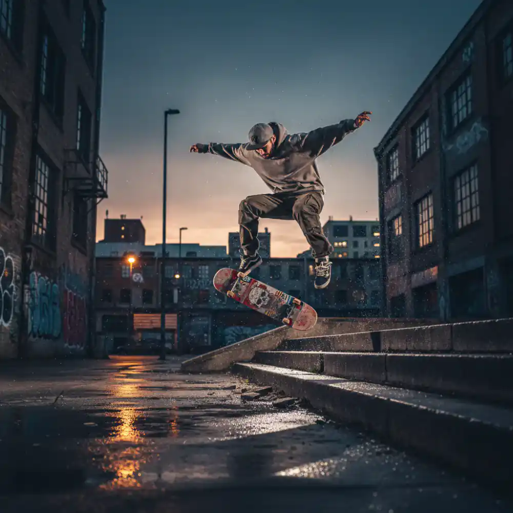 Skateboarder performing trick in urban setting