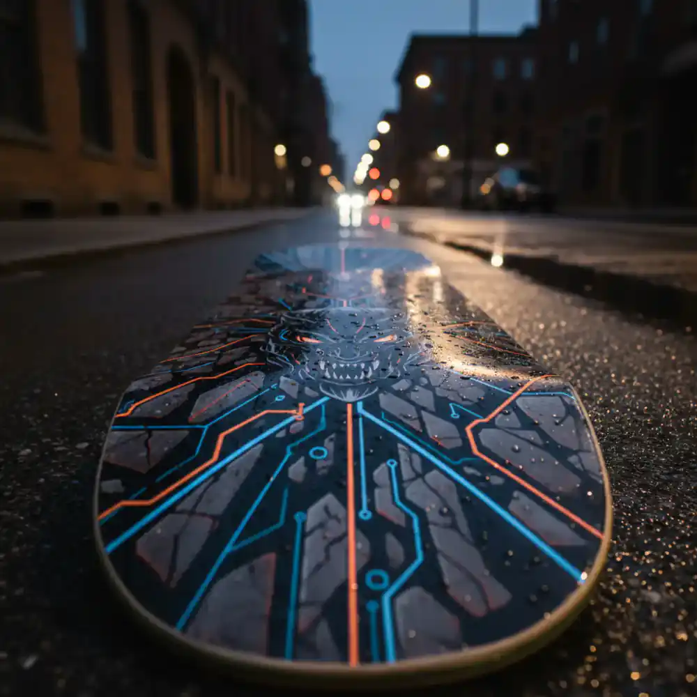 Close up of new skateboard deck graphics