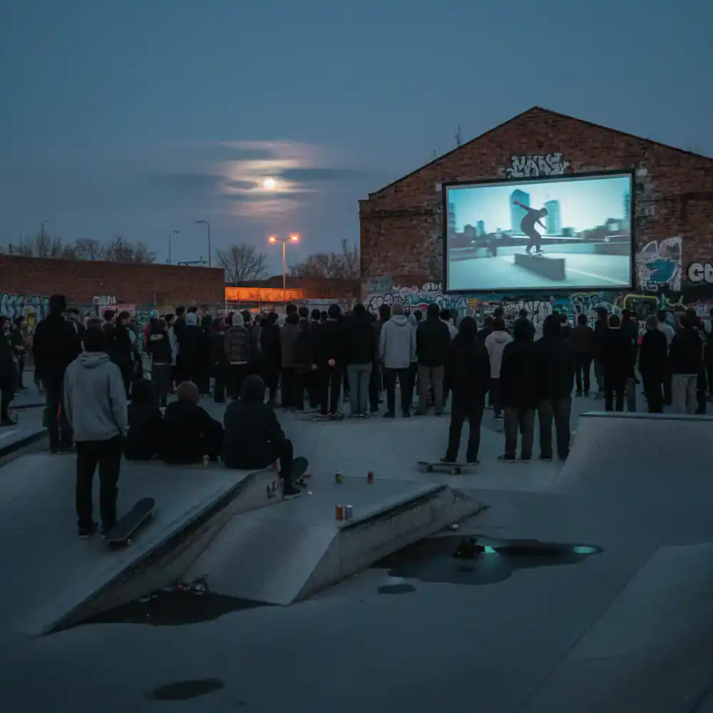 Crowd watching a skate video outdoors