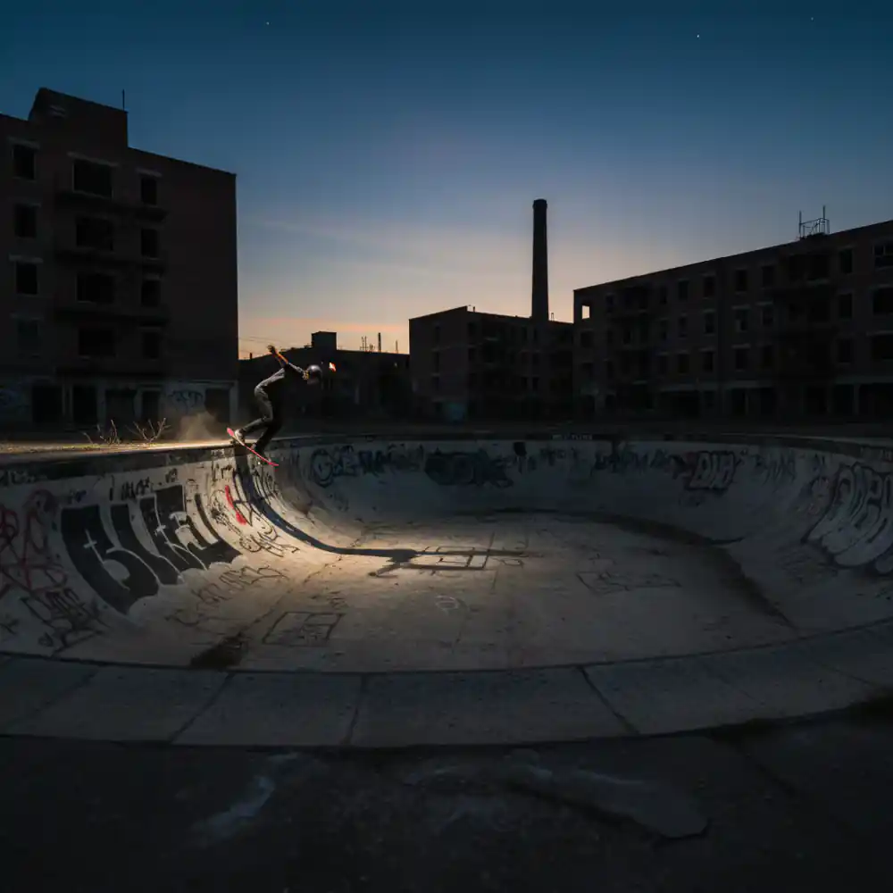 Skateboarder carving an empty swimming pool